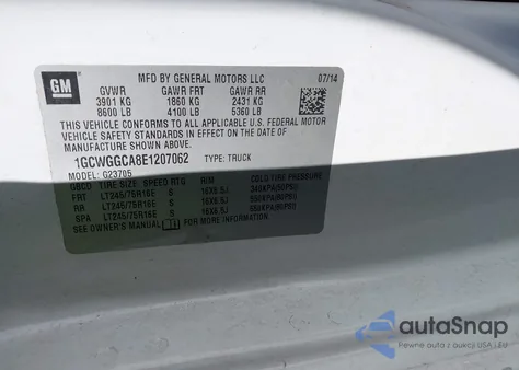 2014 Chevrolet Express 2500 Work Van z USA, uszkodzony, nr VIN 1GCWGGCA8E1207062